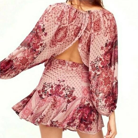 Free People Seven Wonders Mini Dress Long Sleeve Dusty Rose Combo Large NWT - Picture 5 of 11